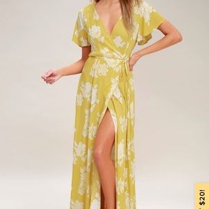 YELLOW FLORAL PRINT WRAP MAXI DRESS